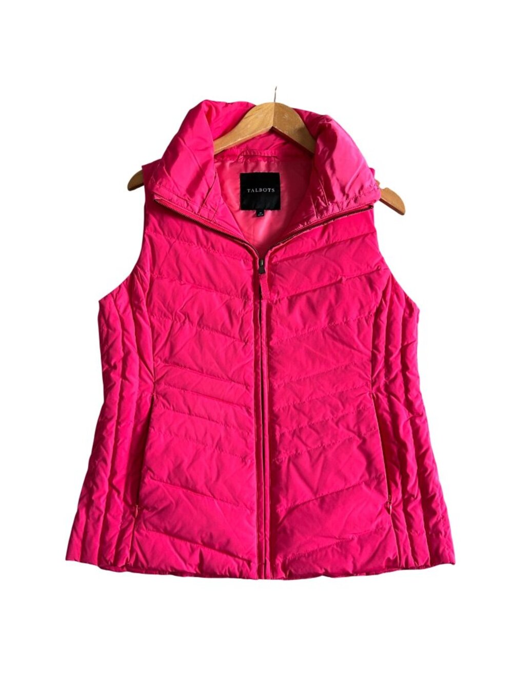Talbots Women's Sz M Quilted Pink Puffer Vest With Zip Front & High Collar